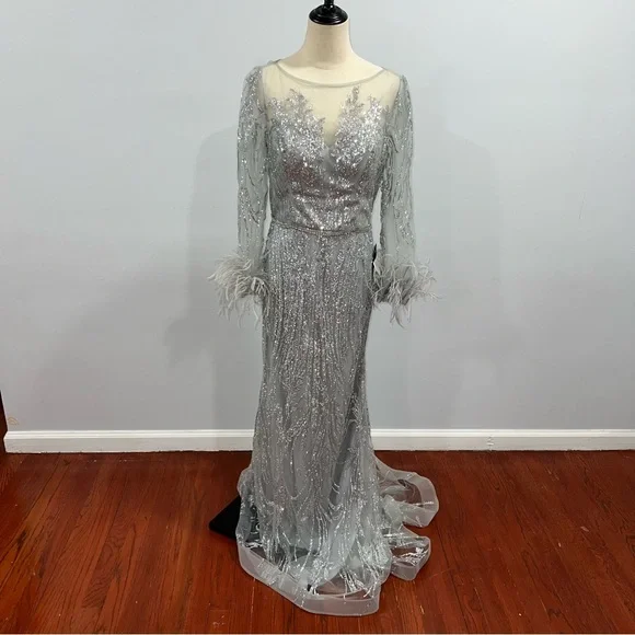 CINDERELLA DIVINE Fitted Long Glitter Evening Dress With Feathers Sleeves - Picture 6 of 16